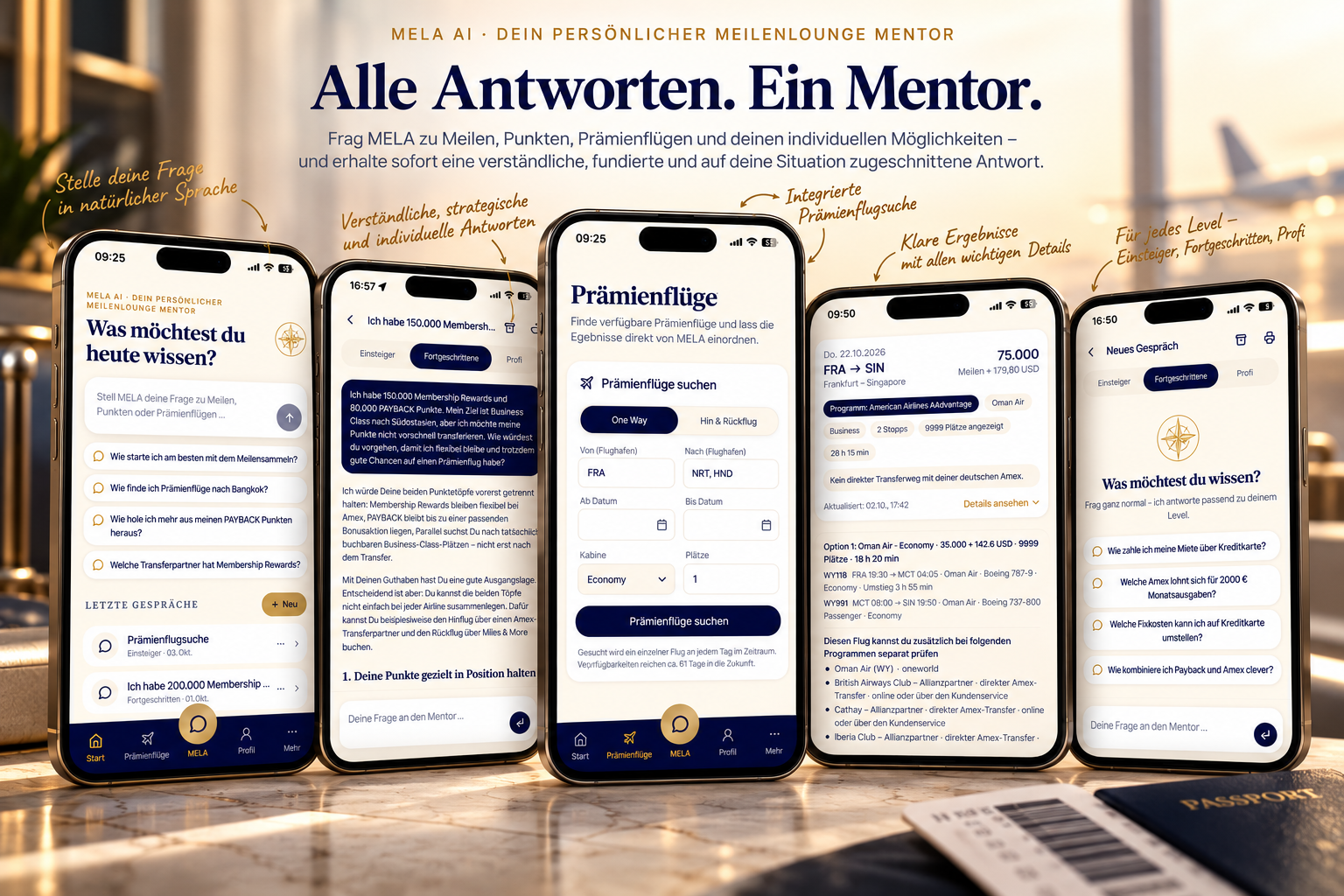 MELA AI – Dein persönlicher MeilenLounge Mentor auf mehreren Smartphones
